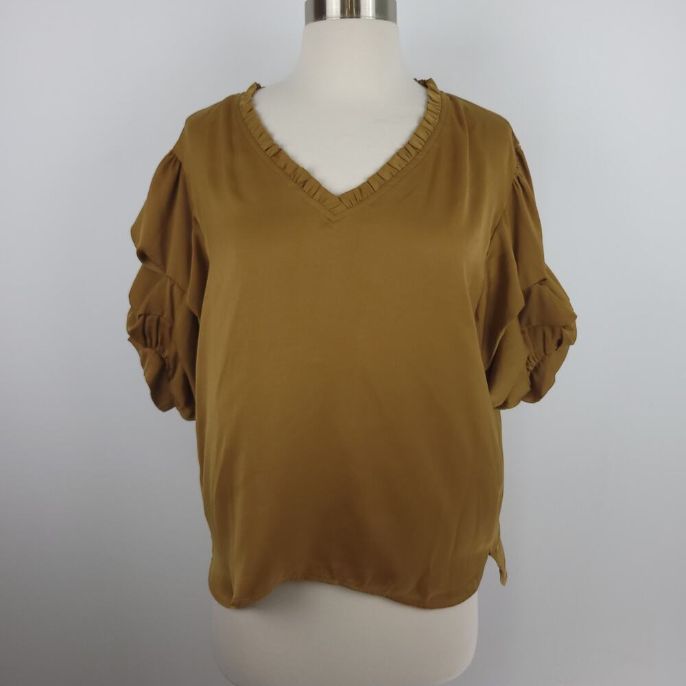 Ellison V-Neck Short Puffed Pleated Sleeve Blouse Satin Mustard Yellow Brown Med